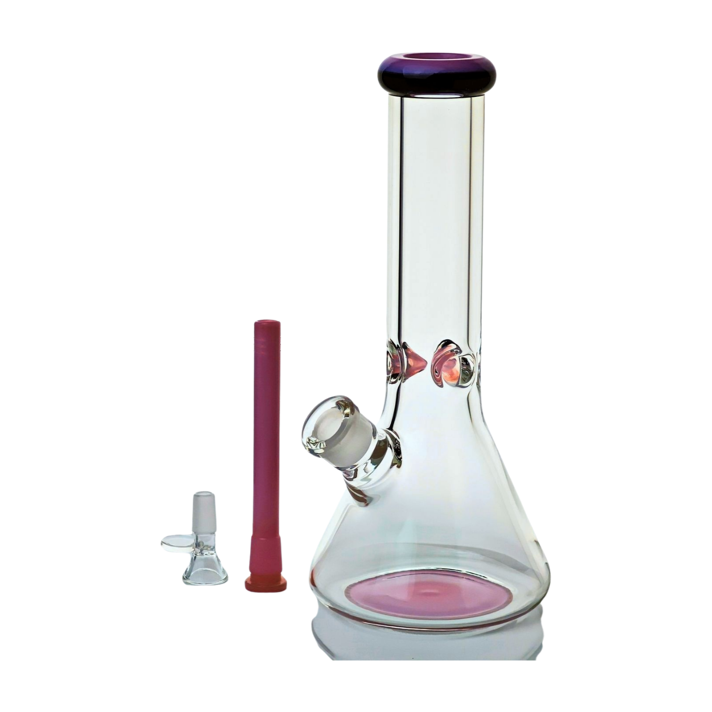 12" Tall, 9mm Thick Clear Glass Beaker Bong with Ice Pinch - Pink - Includes Removable 14-18mm Down Stem and 14mm Bowl