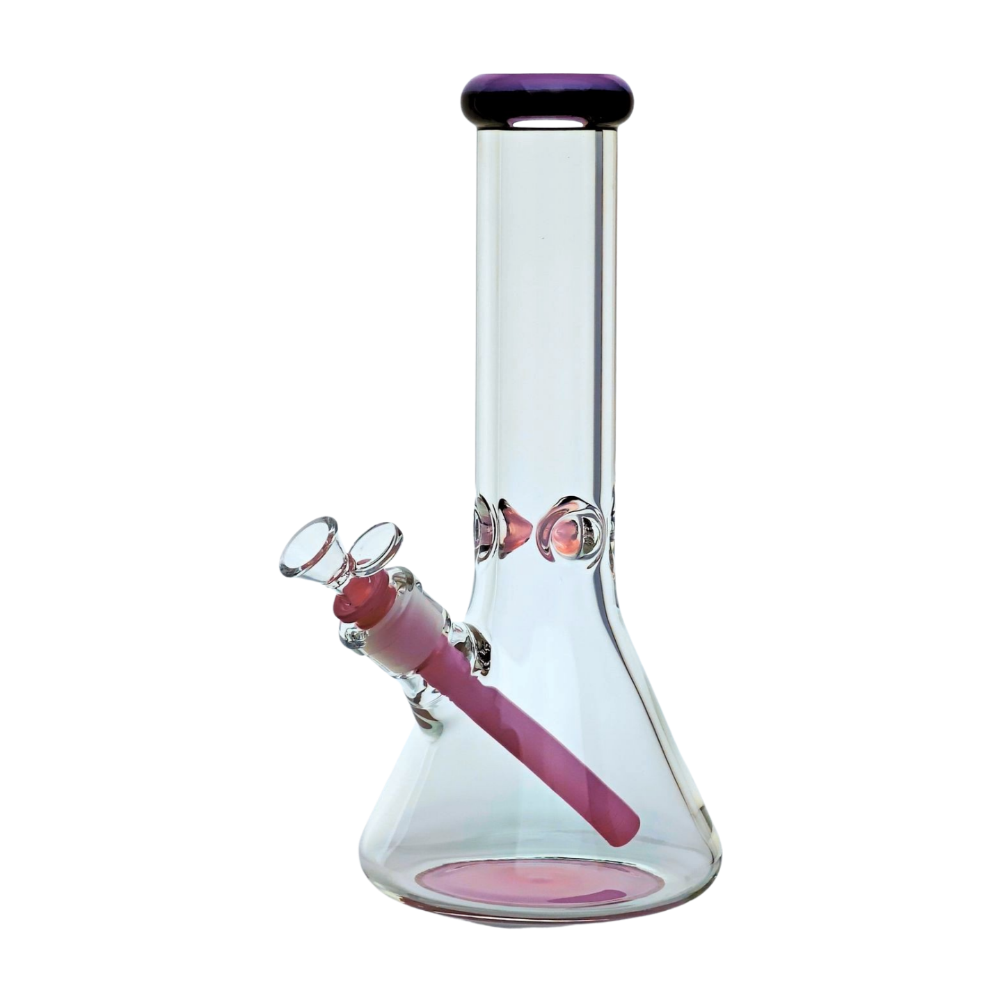 12" Tall, 9mm Thick Clear Glass Beaker Bong with Ice Pinch - Pink - Includes Removable 14-18mm Down Stem and 14mm Bowl