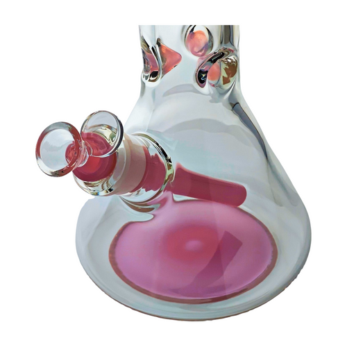 12" Tall, 9mm Thick Clear Glass Beaker Bong with Ice Pinch - Pink - Includes Removable 14-18mm Down Stem and 14mm Bowl