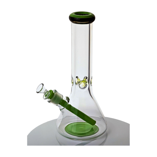 12" Tall, 9mm Thick Clear Glass Beaker Bong with Ice Pinch - Green - Includes Removable 14-18mm Down Stem and 14mm Bowl