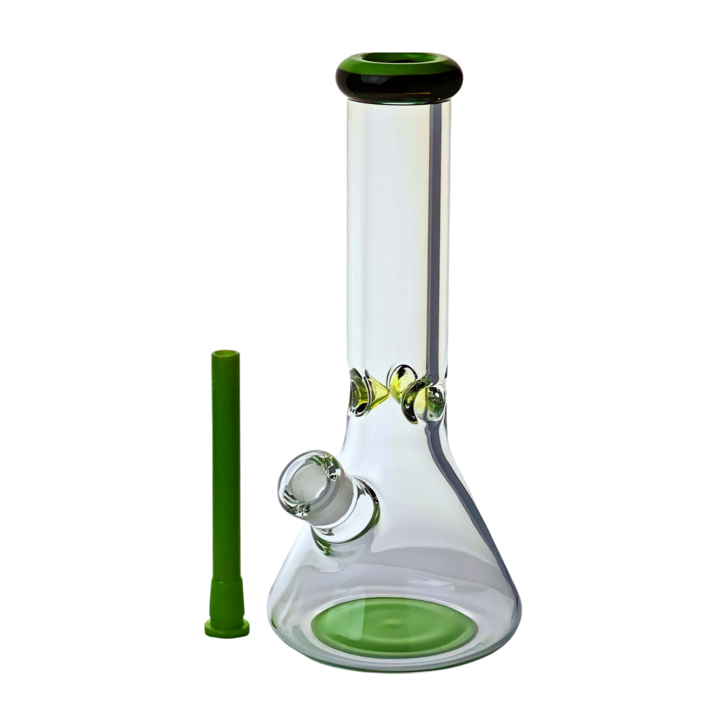 12" Tall, 9mm Thick Clear Glass Beaker Bong with Ice Pinch - Green - Includes Removable 14-18mm Down Stem and 14mm Bowl