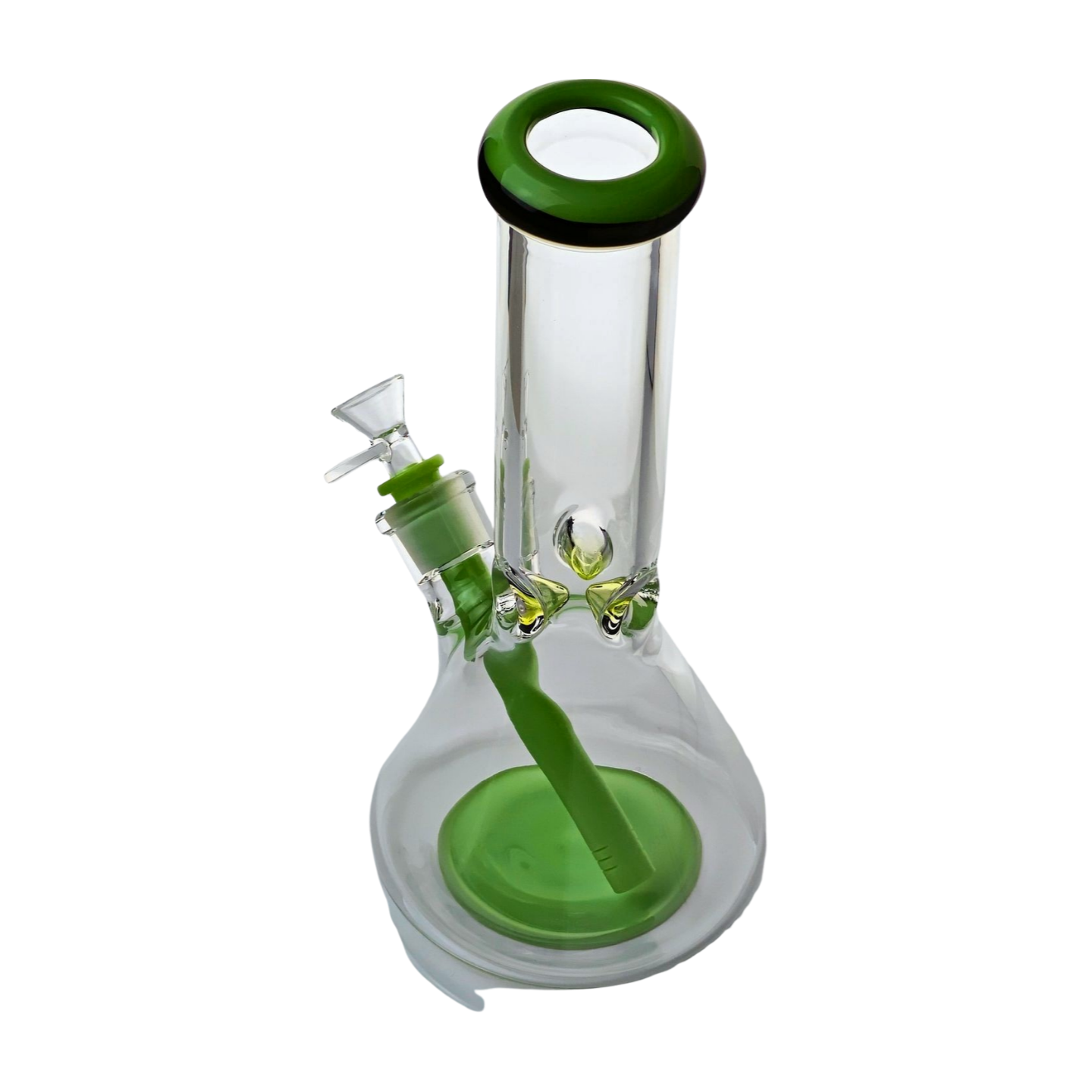 12" Tall, 9mm Thick Clear Glass Beaker Bong with Ice Pinch - Green - Includes Removable 14-18mm Down Stem and 14mm Bowl