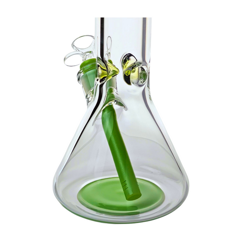 12" Tall, 9mm Thick Clear Glass Beaker Bong with Ice Pinch - Green - Includes Removable 14-18mm Down Stem and 14mm Bowl
