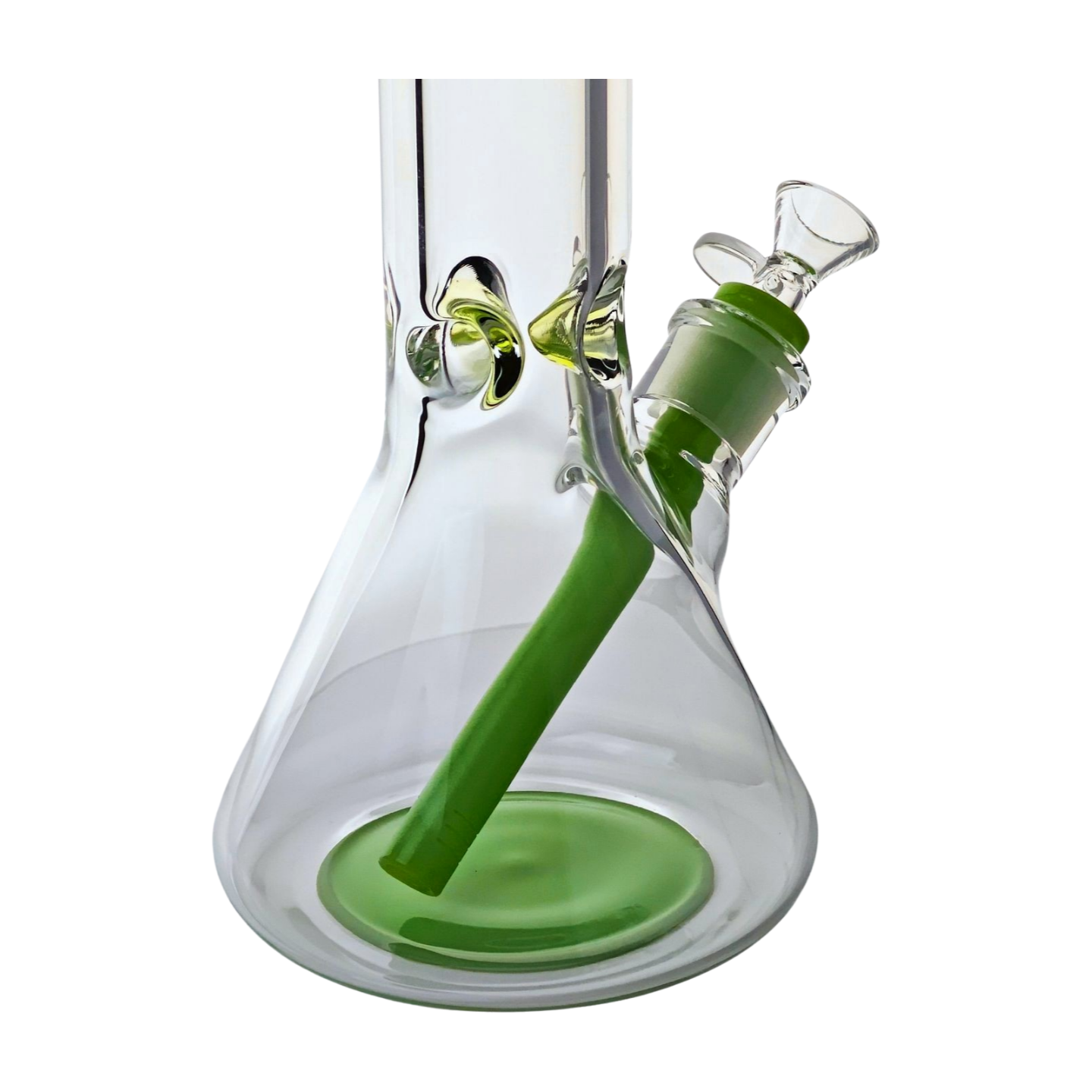 12" Tall, 9mm Thick Clear Glass Beaker Bong with Ice Pinch - Green - Includes Removable 14-18mm Down Stem and 14mm Bowl