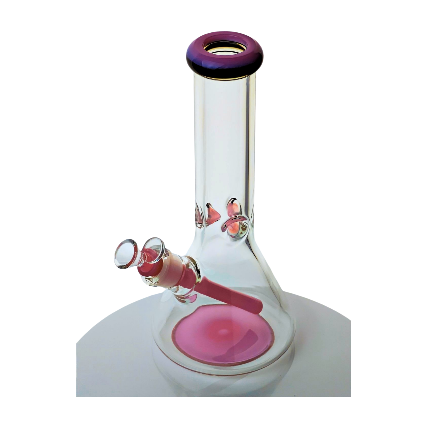12" Tall, 9mm Thick Clear Glass Beaker Bong with Ice Pinch - Pink - Includes Removable 14-18mm Down Stem and 14mm Bowl